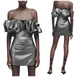 Zara Metallic Silver Voluminous Mini Ruffle Neckline Bodycon Dress 7707/308